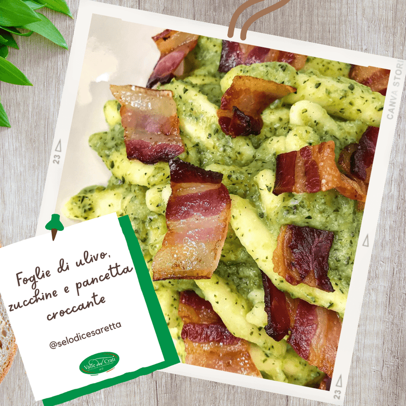 Foglie di Ulivo con pesto di zucchine e pancetta croccante - Valle del Crati